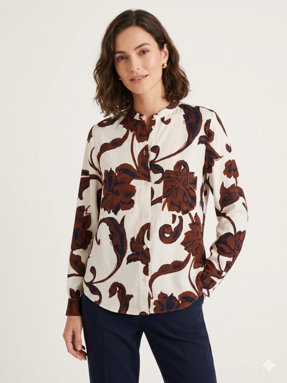 Marc Aurel White Floral Graphic Long Sleeve Button Up Blouse Top Sz 42 - 627